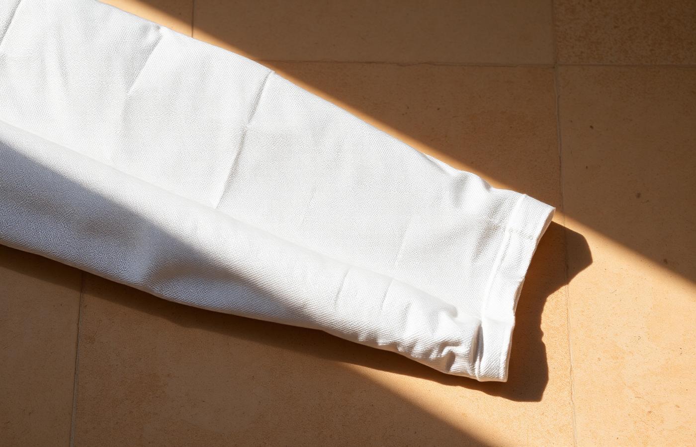 Folded linen on travertine cut by hard Mediterranean sunlight