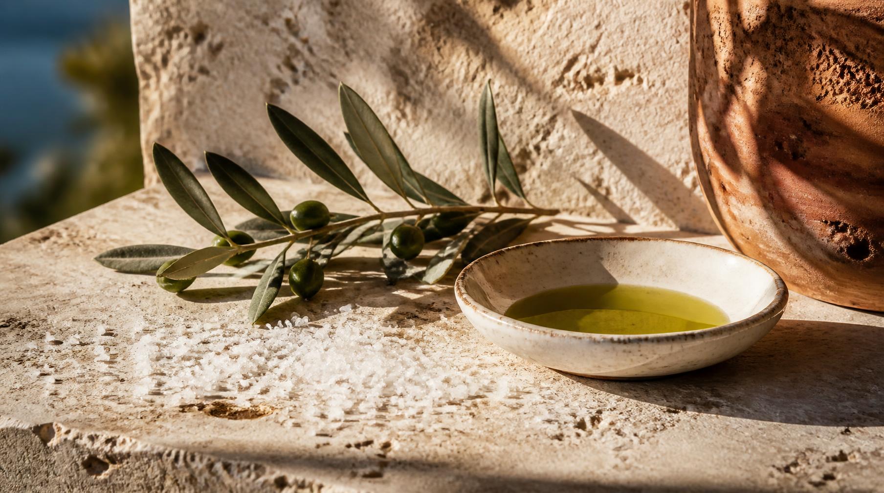 Sea salt, olive oil and olive branch on sunlit travertine