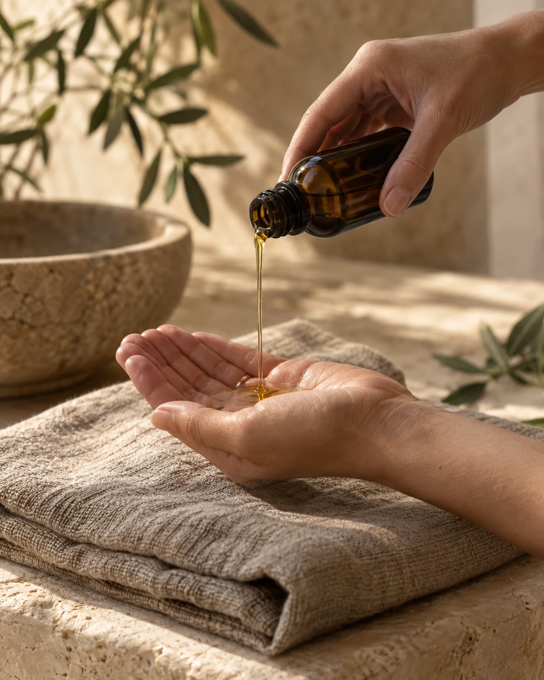 Botanical massage oil being poured for a treatment