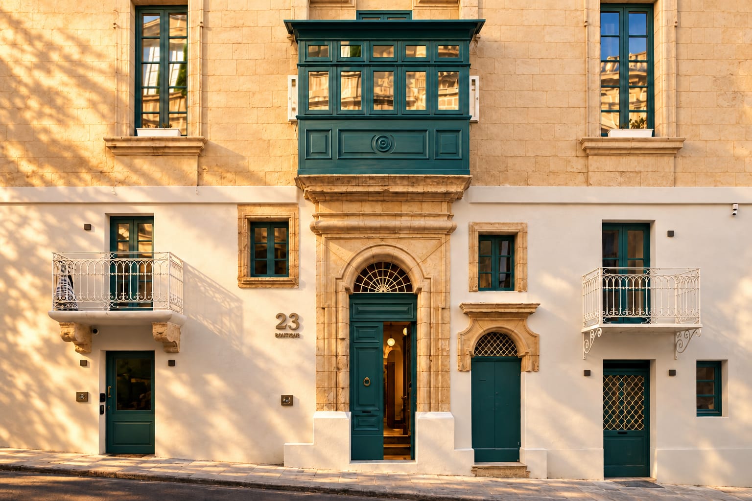 The limestone façade of 23 Boutique Hotel in Floriana