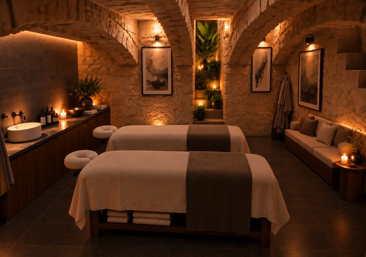 A warm limestone treatment room with two beds beneath vaulted stone arches