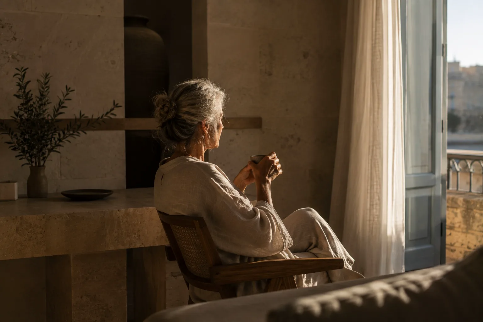 A woman resting with a warm drink beside a sunlit Malta view
