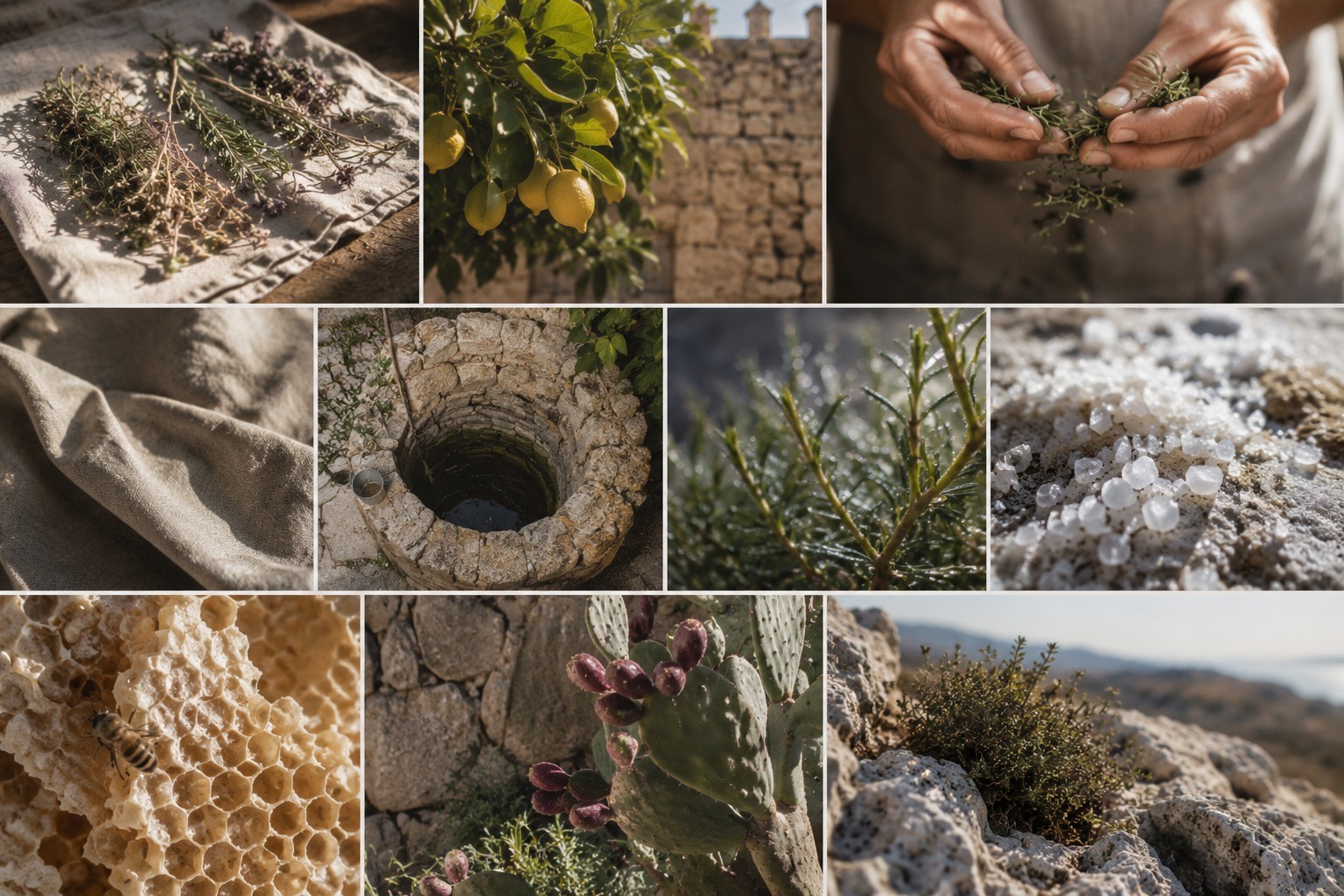 Maltese botanicals — sea salt, honey, carob, wild herbs